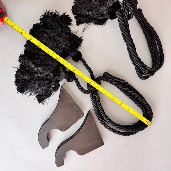 Set of 2 Black Curtain Tiebacks with Tassels and Wooden Wall Hooks - Picture 3 of 6